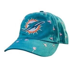 Miami Dolphins NFL 47 Brand Clean Up Dad Hat Teal Pink Flamingo All Over Print
